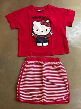 OVS Bundle Girls 8-9 Hello Kitty Red Short-Sleeve Top & Red/White Striped Skirt